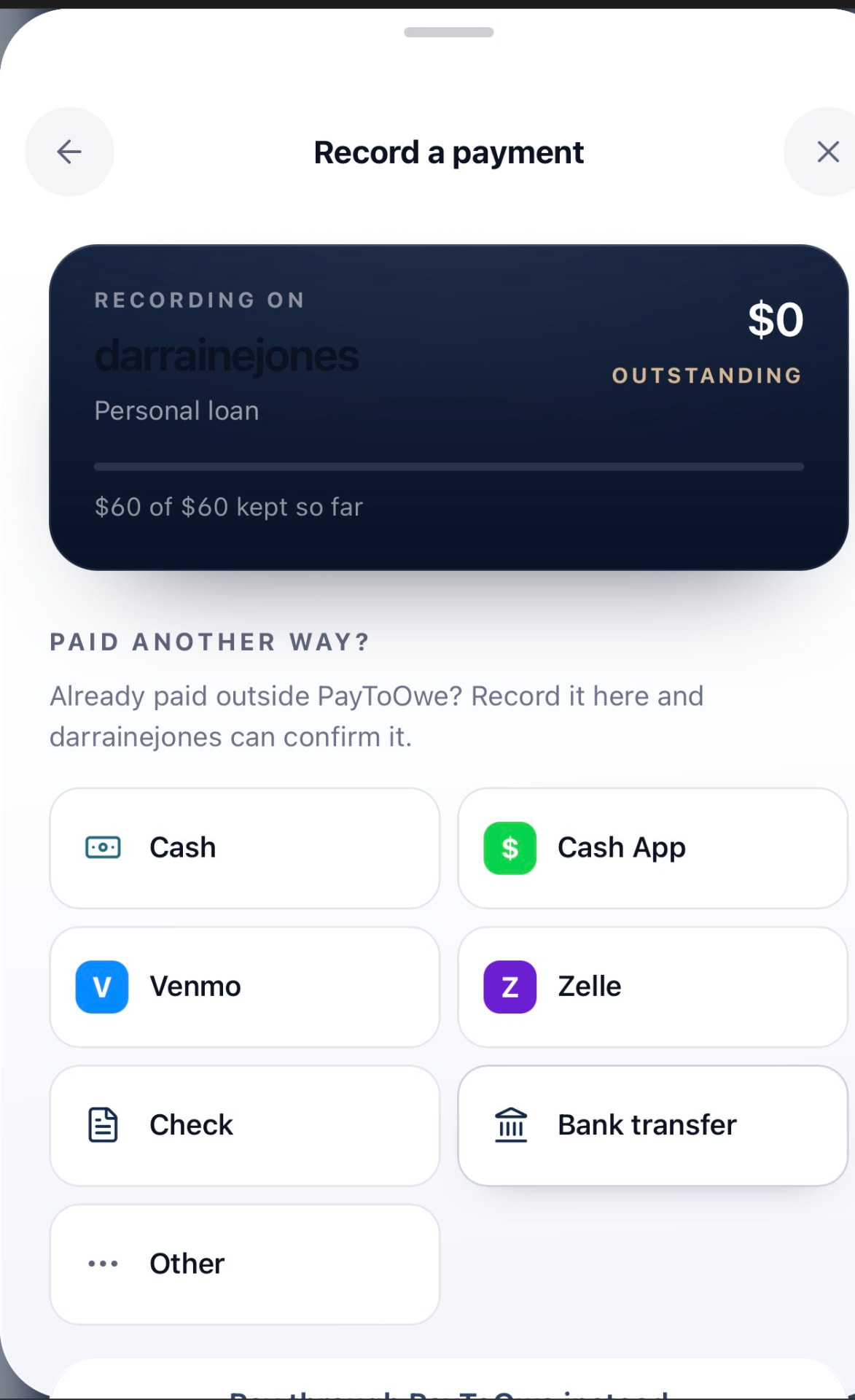 Recording a payment in PayToOwe